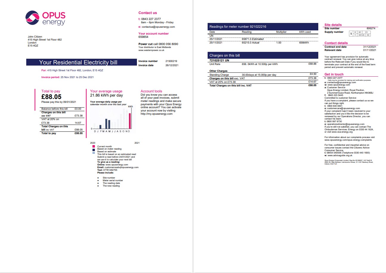 United Kingdom Opus Energy electricity utility bill template in Word and PDF format (2 pages)